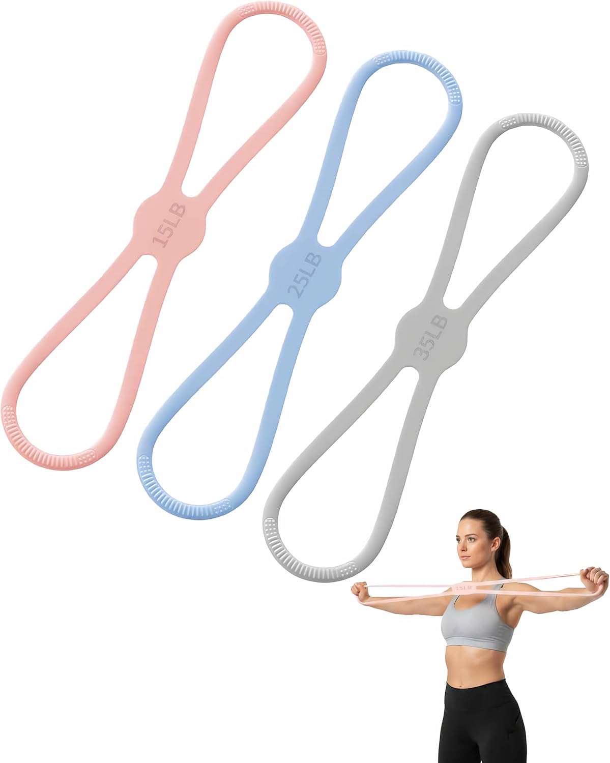 JJEAN-3 PCS Figure 8 Resistance Bands for Women, 15 Lbs & 25 Lbs & 35 Lbs Keep Resistance Band for Arm with Non-Slip Handles