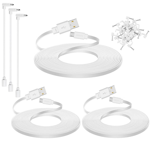 JJEAN-3-Pack 25 ft Micro USB Extension Cable Compatible with Wyze Cam v4, Wyze Cam Pan v3, Yi Cam, Nest Cam, Blink Mini Security Camera, Long Flat Power Cord, White