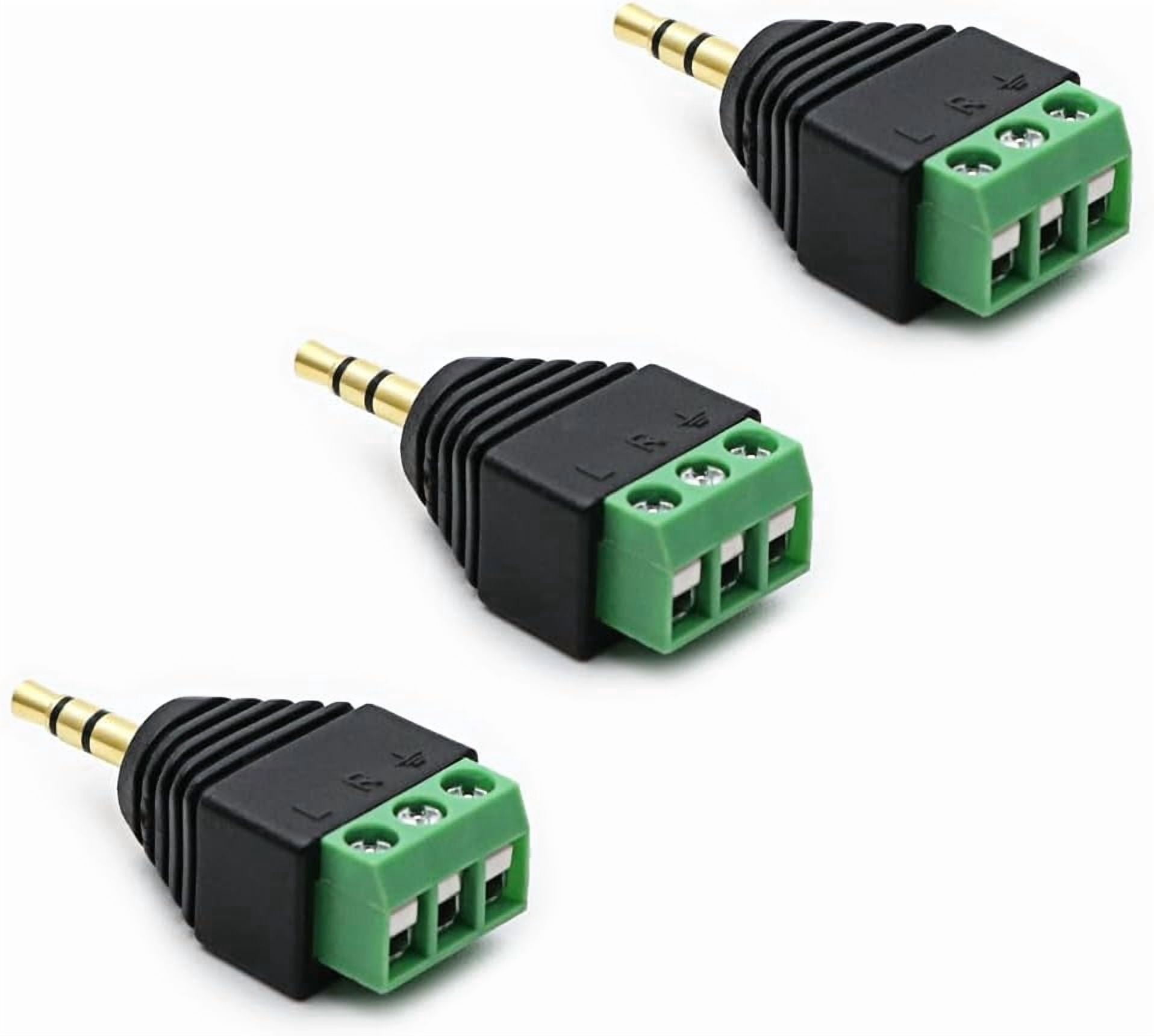 JJEAN-3-Pack 3.5mm 3 Pole TRS Stereo AV Male to 3-Screw Terminal 1/8 Inch TRS Stereo Male Plug to 3-Pole Screw Block Soldless Repair Adapter for AUX Cable and IR Extension Cable
