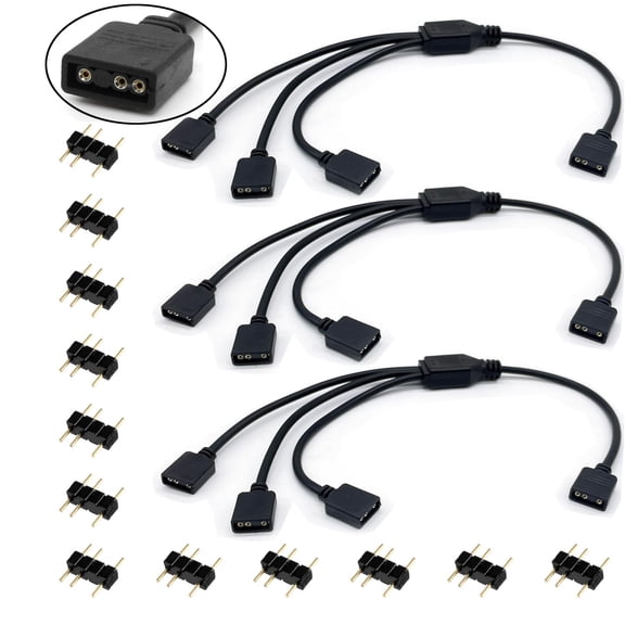JJEAN-3-Pack 5V 3Pin ARGB 1-to-3 Female to Female Spliter Cables, Addressable RGB Spliter Extension Cable with Male Pins, Used for Computer Chassis, CPU Heat Sink, and 5V ARGB Fans (11.8 Inches)