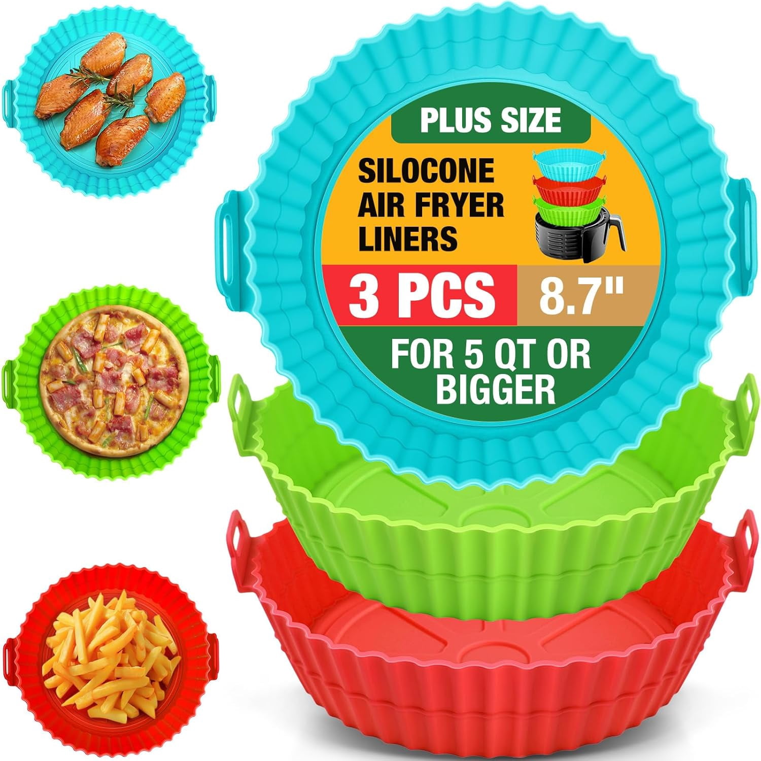 JJEAN-3 Pack Air Fryer Silicone Liners for 5 QT or Bigger, Reusable Food Grade Silicone Airfryer Liners Pot Baking Basket Accessories Replacement of Flammable Disposable Parchment Paper Top 8.7 inch