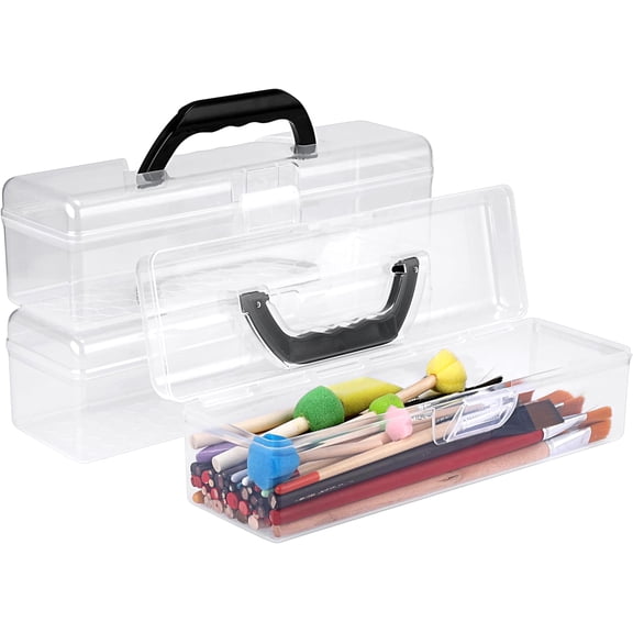 JJEAN-3 Pack Clear Plastic Painting Brush Container with Black Handle, Portable Long Paintbrush Case, Drawing Tools Storage Box, Practical Art Supply Organizer for Artist Crafters, 11.8"x3.5"x3.4"