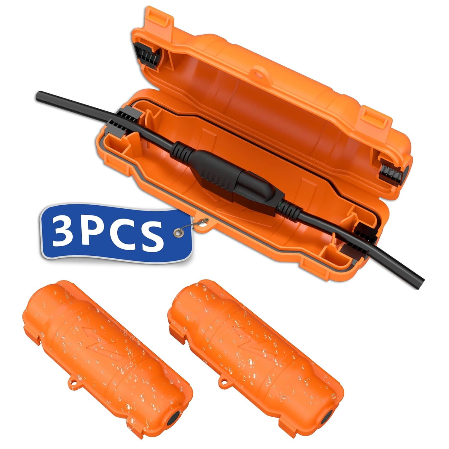 JJEAN-3 Pack Outdoor Extension Cord Safety Cover with Waterproof Seal IP54 Water-Resistant, Weatherproof Electrical Connection Box with 2 Latches, Plug, Socket, Holiday Decoration Light, Orange