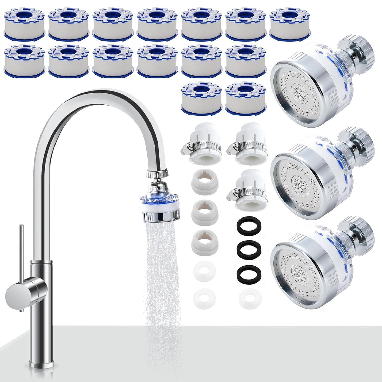 JJEAN-3 Pack Sink Water Filter Faucet, 360° Rotating Faucet-Mount Water Purifier with 15 Filter Cartridges, Removes Chlorine, Fluoride & Heavy Metals from Hard Water for Kitchen & Bathroom