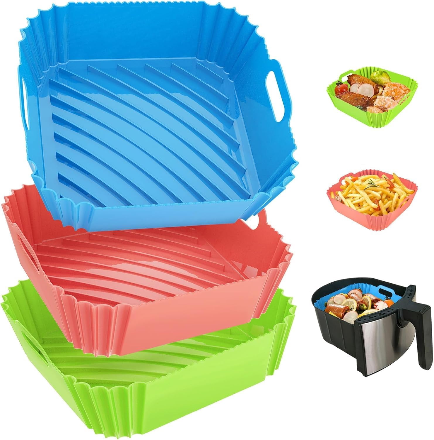 JJEAN-3 Pcs Silicone Air Fryer Liners Square Airfryer Liners 4-7 QT 7.1 Inch Reusable Air Fryer Silicone Pot Oven Liner Baking Tray, Air Fryer Basket Silicone Mat Bowl Air Fryer Accessories Kitchen G