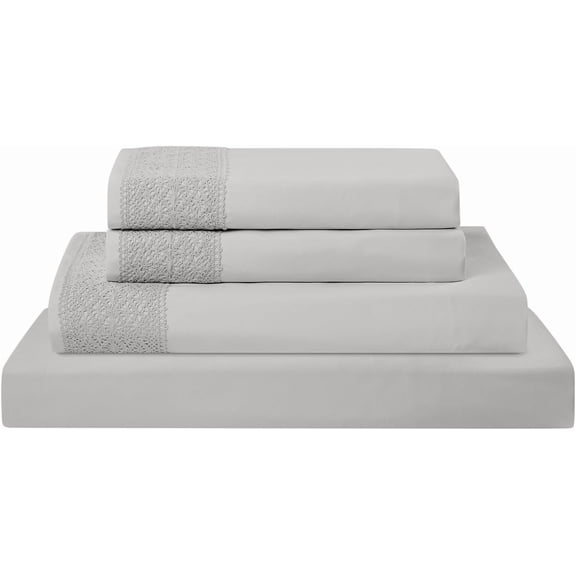 JJEAN-3 Piece Microfiber Sheet Set  Soft Cooling Bed Sheets with Crochet Lace  Deep Pocket, Wrinkle Free, Breathable, Hotel Luxury Bedding, Light Gray, Twin