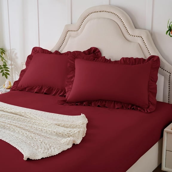 JJEAN-3-Pieces Ruffle Pillow Case & Fitted Sheet Set, Burgundy Full Sheets with 2 Ruffled Pillow Shams, 15 Inch Deep Pocket, Cute & Coquette Microfiber Bed Set for Decorating Bedroom Hotel