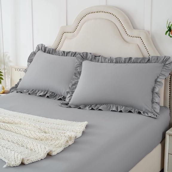 JJEAN-3-Pieces Ruffle Pillow Case & Fitted Sheet Set, Grey Queen Sheets with 2 Ruffled Pillow Shams, 15 Inch Deep Pocket, Cute & Coquette Microfiber Bed Set for Decorating Bedroom Hotel