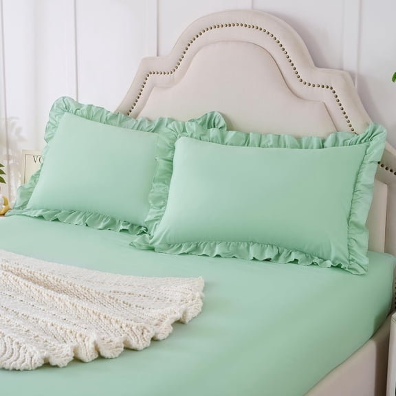 JJEAN-3-Pieces Ruffle Pillow Case & Fitted Sheet Set, Sage Green King Sheets with 2 Ruffled Pillow Shams, 15 Inch Deep Pocket, Cute & Coquette Microfiber Bed Set for Decorating Bedroom Hotel