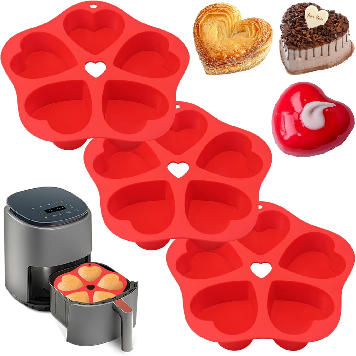 JJEAN-3 Pieces Silicone Air Fryer Muffin Pan Egg Bite Heart Mold for Oven Baking,Mini Muffin Tins Cups Cake Tray for Air Fryer Liners Basket Instant Pot Accessories Baking Muffin Cakes Pancake