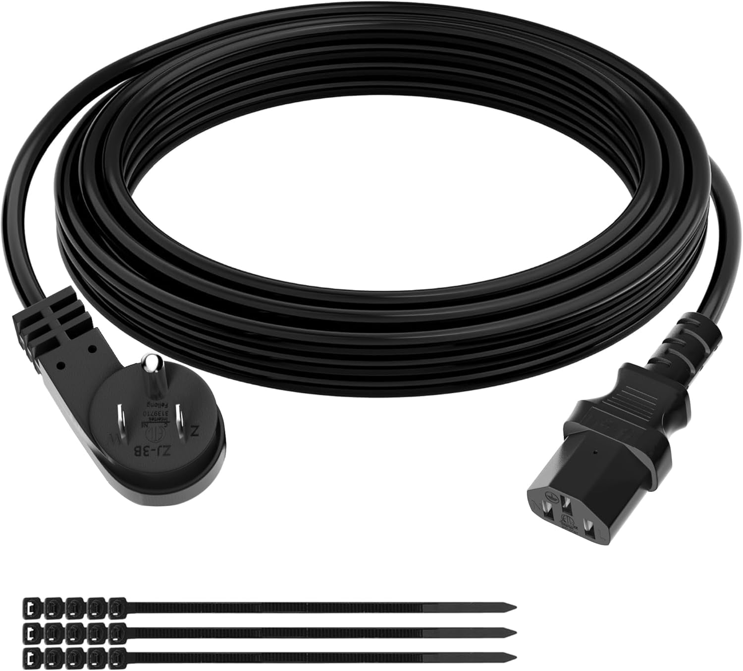 JJEAN-3 Prong S Flat Plug Replacement Power Cord 20 FT-45 Degree Angled Plug-Low Profile Heatproof Flexible Durable AC Device Power Cable for Appliance, PC, TV, ETL 18AWG 125V 10A, with Ties