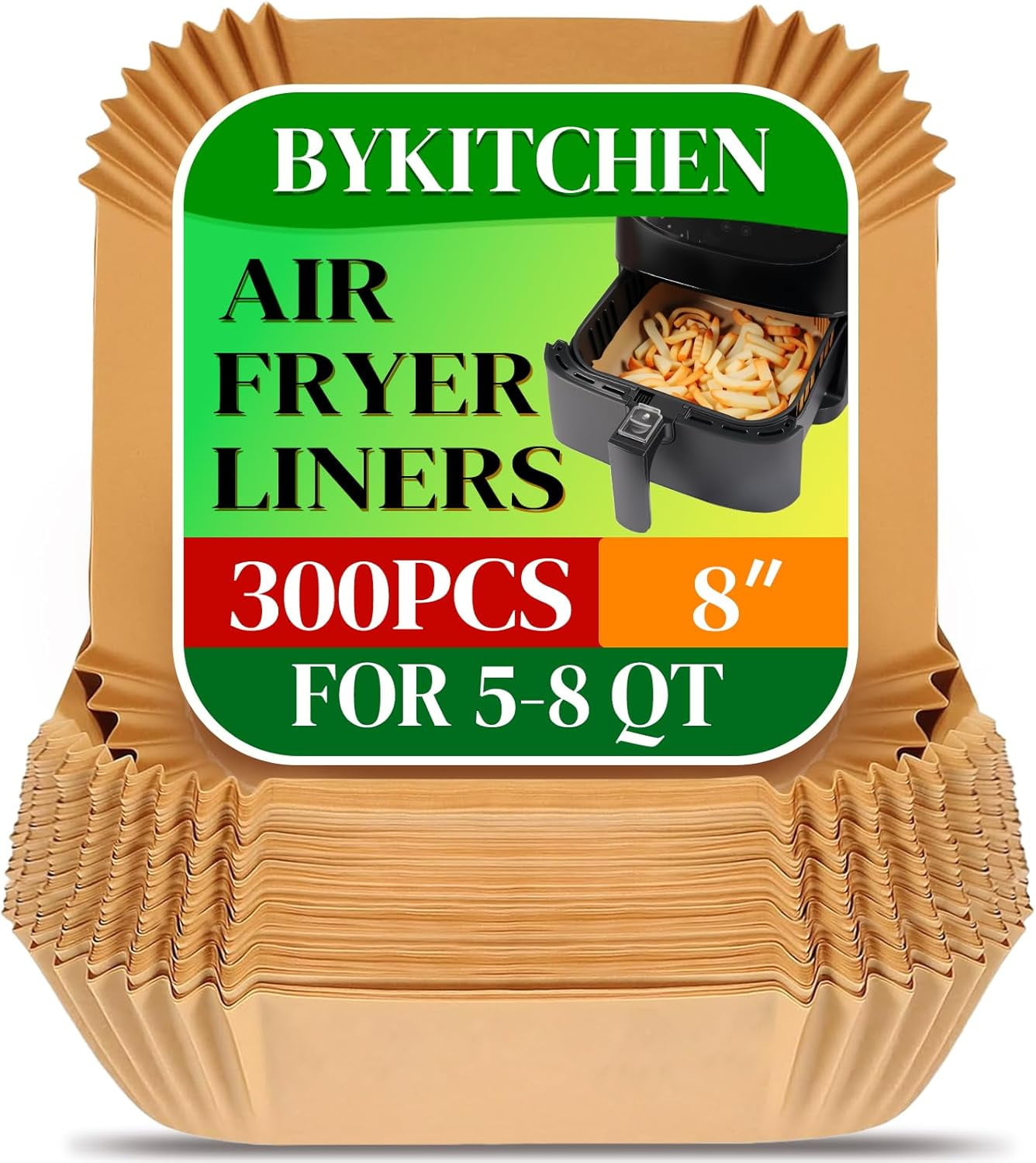 JJEAN-300PCS Disposable Air Fryer Paper Liners for Ninja AF141 5 QT Pro AF181 6.5QT, Cosori Chefman 6 QT &Other 5 to 8Qt Airfryer, 8in Square Air Fryer Parchment Paper, Airfryer Basket Accessories