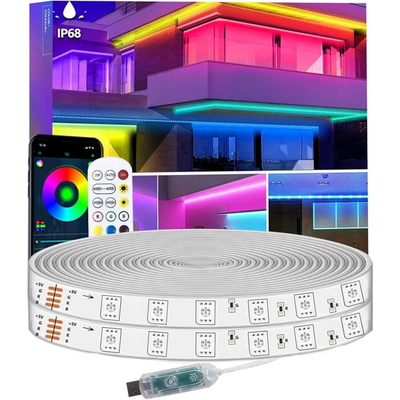 JJEAN-32.8FT LED Strip Lights IP68 Outdoor Waterproof, 5V USB Powered, Music Sync Bluetooth APP/RF Remote Control Lights for Balcony,Deck,Camping,Garden,Bedroom Decor