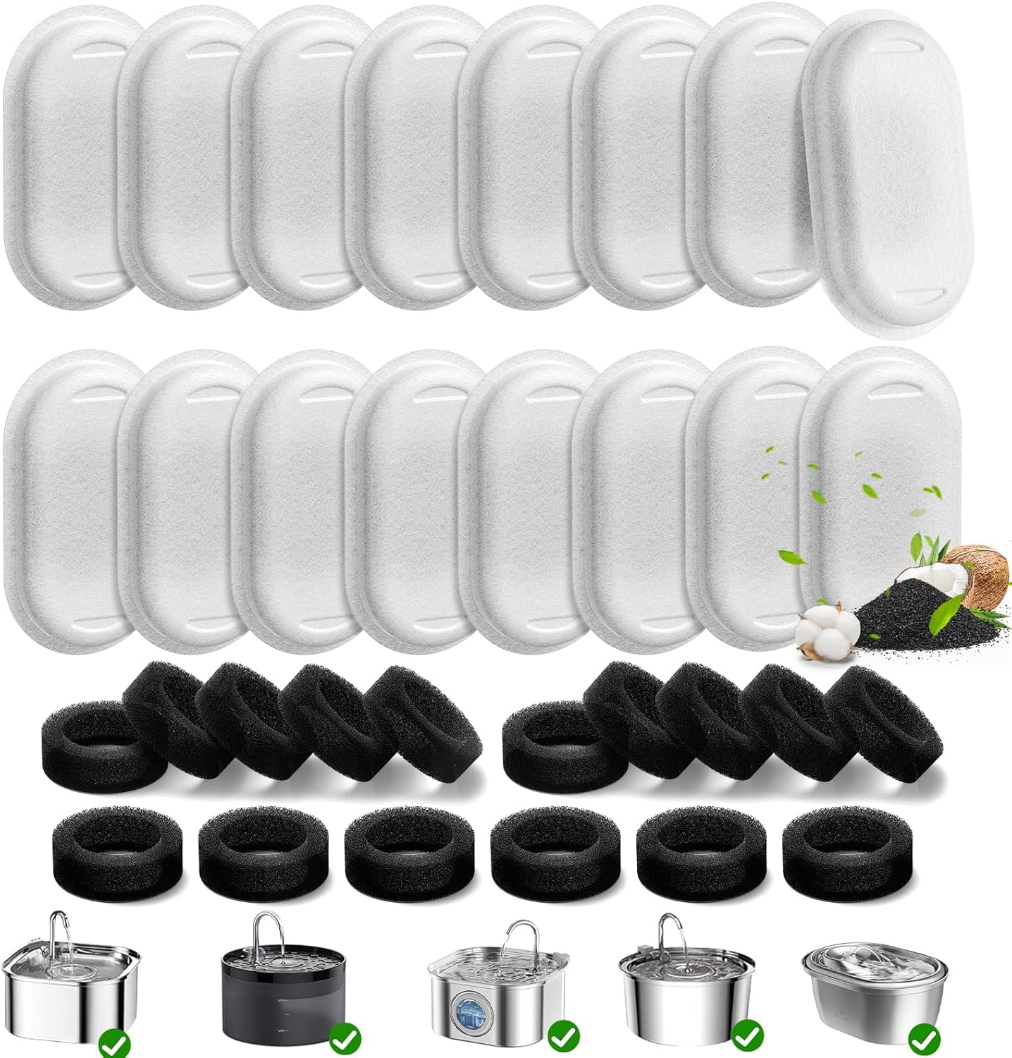 JJEAN-32 Pack Cat Water Fountain Filters for 108/3.2L& 67oz/2L Stainless Steel Pet Water Dispenser Cat/Dog Fountain Filter Replacement(16 Filters & 16 Sponges)