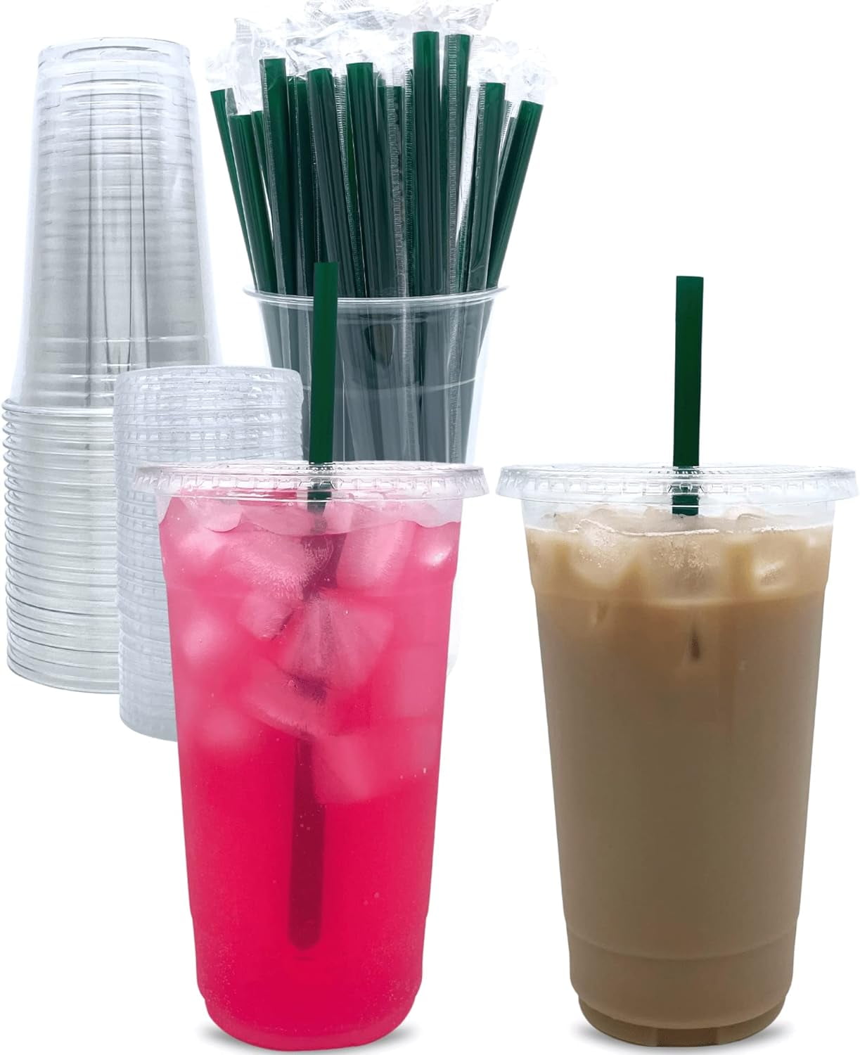 JJEAN-32 oz Clear Plastic Cups with Lids and STRAWS, Disposable Party Cups for To Go Iced Coffee Cold Drinks, Smoothie, Juice, Parfait, Frappuccino, Milkshake. No Leaking Fruit Cup, 25 Sets