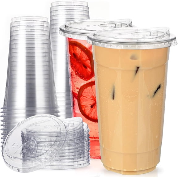 JJEAN-32 oz Clear Plastic Cups with Strawless-Sip-Lids, 25 Sets Disposable Cups Plastic Iced Coffee Cups, To Go Cup with Sip Through Lids for Smoothie, Milkshake, Cold Drinks for Party, Wedding, Even