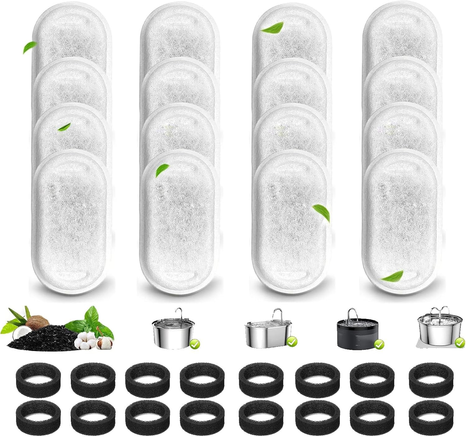 JJEAN-32PCS Cat Water Fountain Filter, 16 Pack Cat Fountain Filter Replacement with 16 Sponges, for 108oz/3.2L & 67oz/2L Stainless Steel Pet Water Dispenser