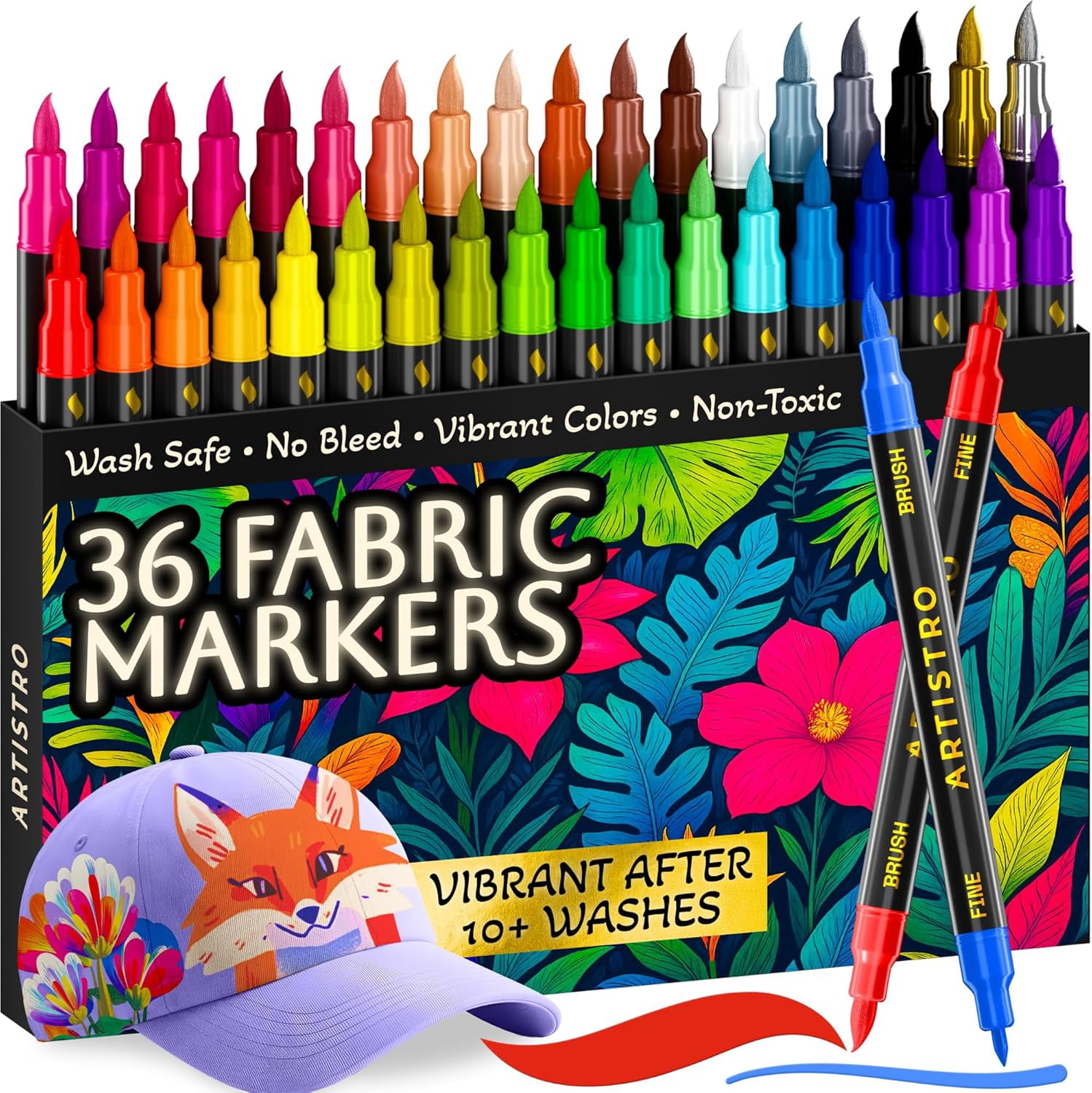 JJEAN-36 Dual-Tip Fabric Markers - Fabric Decorating Kit - Permanent for Clothes - No Bleed Pens for T-Shirts, Bags, Textile, Canvas, and More (Brush Tip and Fine Tip)