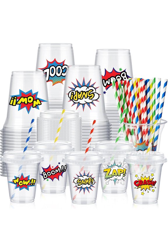 -36 Sets Hero Party Cups with Lids and Paper Straws 14 oz Hero Birthday Party Supplies Favors Disposable Clear Plastic Cups Bulk