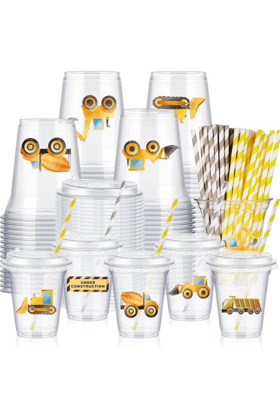 -36 Sets Watercolor Construction Party Cups with Lids and Paper Straws 14 oz Disposable Clear Plastic Cups Bulk for Construction Birthday Party Favor Supplies Decorations
