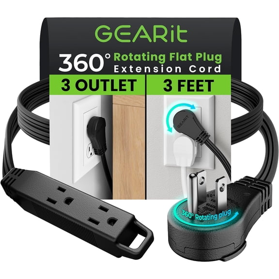 JJEAN-360 Rotating Flat Plug Extension Cord (3ft, Black) Multi 3-Outlet Extension 16 AWG Wire, Adapter for Small Spaces, Right Angle Socket, ETL Certified - 3 Feet