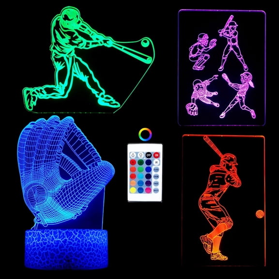 JJEAN-3D Baseball Night Light - 4 Patterns Hologram Illusion Lamp With Remote Control/Smart Touch, 16 Colors Changing, Room Decor, Gift for Boys Girls (Style 9)