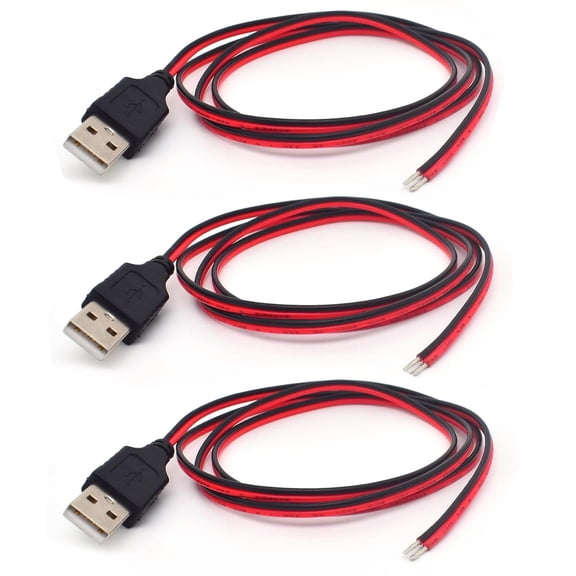 JJEAN-3PCS 1M/3.3FT 20AWG USB 2.0 Male Plug 2Pin Bare Wire,USB Type A 2Pin Bare Wire Open End 5V 5A Extension Power Cord for USB Repair & Replacement DIY(Red & Black Wire Body)