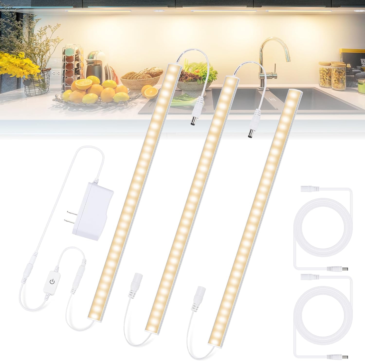 JJEAN-3PCS x 12inch Under-Counter Light Fixtures, LED Cabinet Lights with Memory Function, Warm White 3000K Desk Lighting, Slim Under Cupboard Lighting for Kitchen, Desk, Shelf