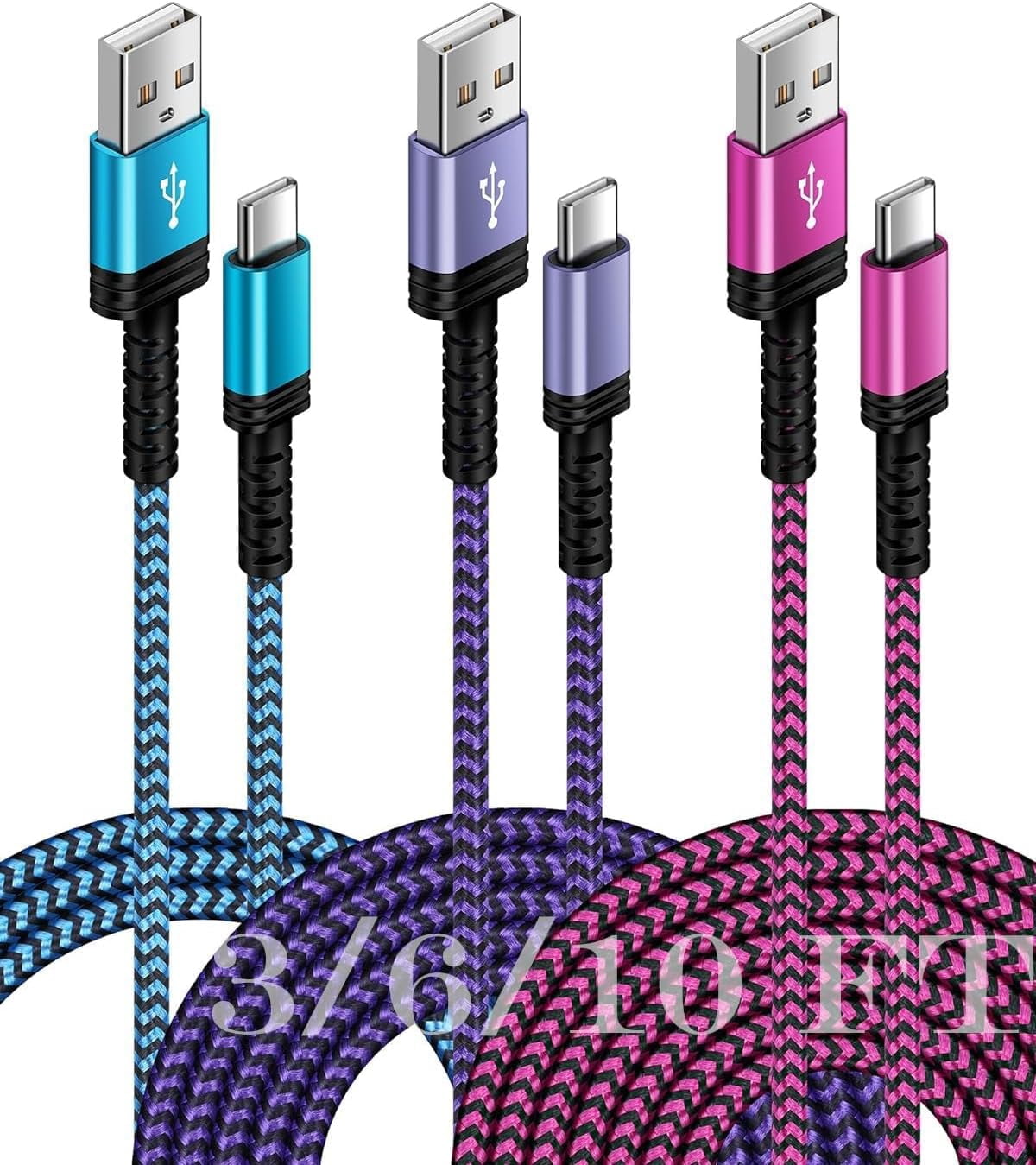 JJEAN-3Pack-3/6/10 FT USB C Charger Cable Fast Charging for iPhone 17e/17/16e/16/15 Pro/15 Pro Max/15 Plus, Android Samsung Galaxy S25 A15 5G A16 A17 S24 Ultra USBC Type-C Pixel 10 Pro, Auto Car Mult