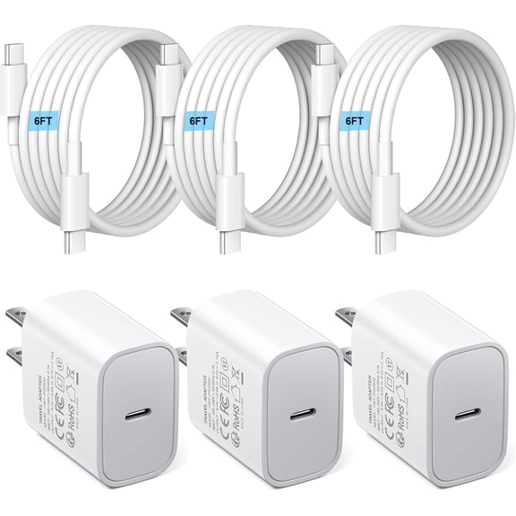 JJEAN-3pack Type C Charger 6FT Cable Fast Charging for iPhone 17/16/15,USB C Chargers Block 25W Super Fast for Samsung Galaxy S25/S24 S23 S22 S21/iPhone Air/17/17 Pro Max/iPhone 16/16 Pro Max/15 Pro