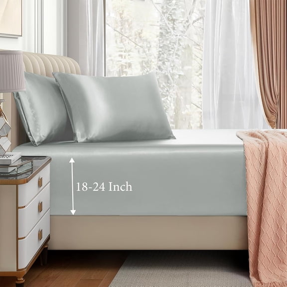JJEAN-3pcs Extra Deep Pocket Satin Fitted Sheet Set Full Bed Set, Silver Bottom Sheet Fit 18-24 Inch Deep Pocket Mattress, Silky Bedding Set Soft & Ultra Deep Fitted Sheet + 2 Pillowcase