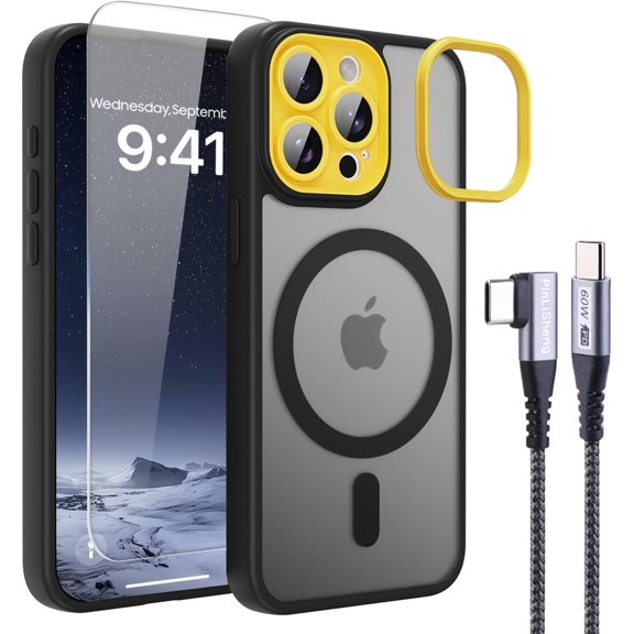 JJEAN-4 in 1 Magnetic for iPhone 15 Pro Case [with 1X Screen Protector, Braided Cable, Removable Lens Case] [Mil-Grade Drop Protection] Shockproof Slim Translucent Matte Protective Phone Case, Black