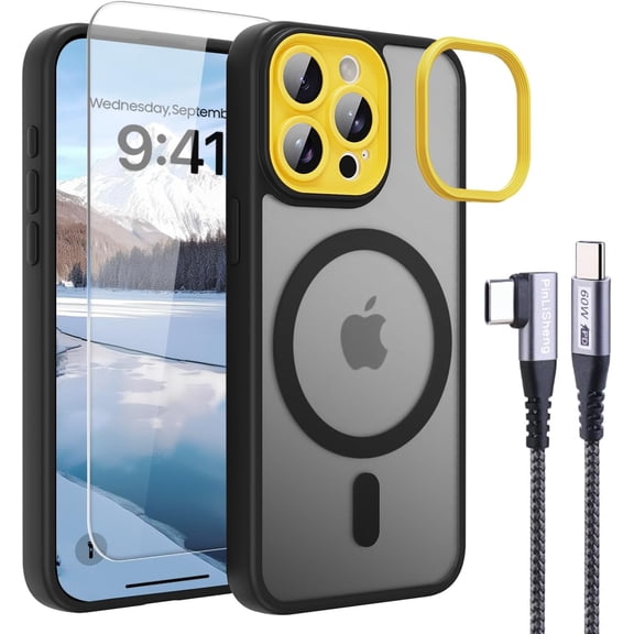 JJEAN-4 in 1 Magnetic for iPhone 16 Pro Max Case [with 1X Screen Protector, Braided Cable, Removable Lens Case] [Mil-Grade Drop Protection] Shockproof Slim Translucent Matte Protective Phone Case, Bl