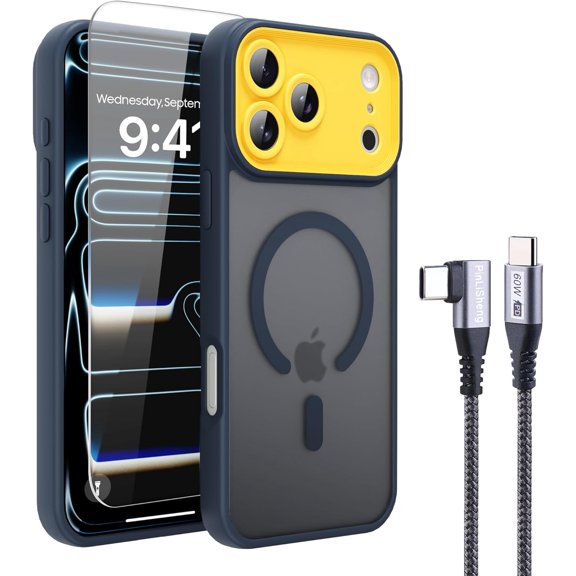JJEAN-4 in 1 Magnetic for iPhone 17 Pro Case [with 1X Screen Protector, Braided Cable, Removable Lens Case] [Mil-Grade Drop Protection] Shockproof Slim Translucent Matte Protective Phone Case, Blue