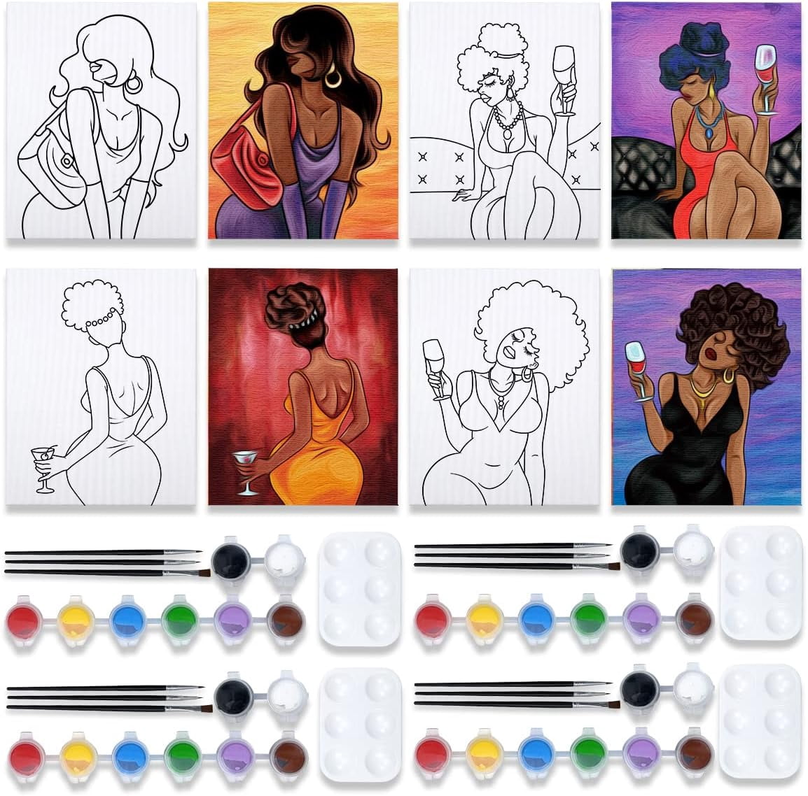 JJEAN-4 Pack Canvas Painting Kit Pre Drawn Canvas for Painting for Adults Party Kits Paint and Sip Party Supplies 8x10 in 8 Acrylic Colors,3 Brush,1 Pallet Chic Girl Art Set