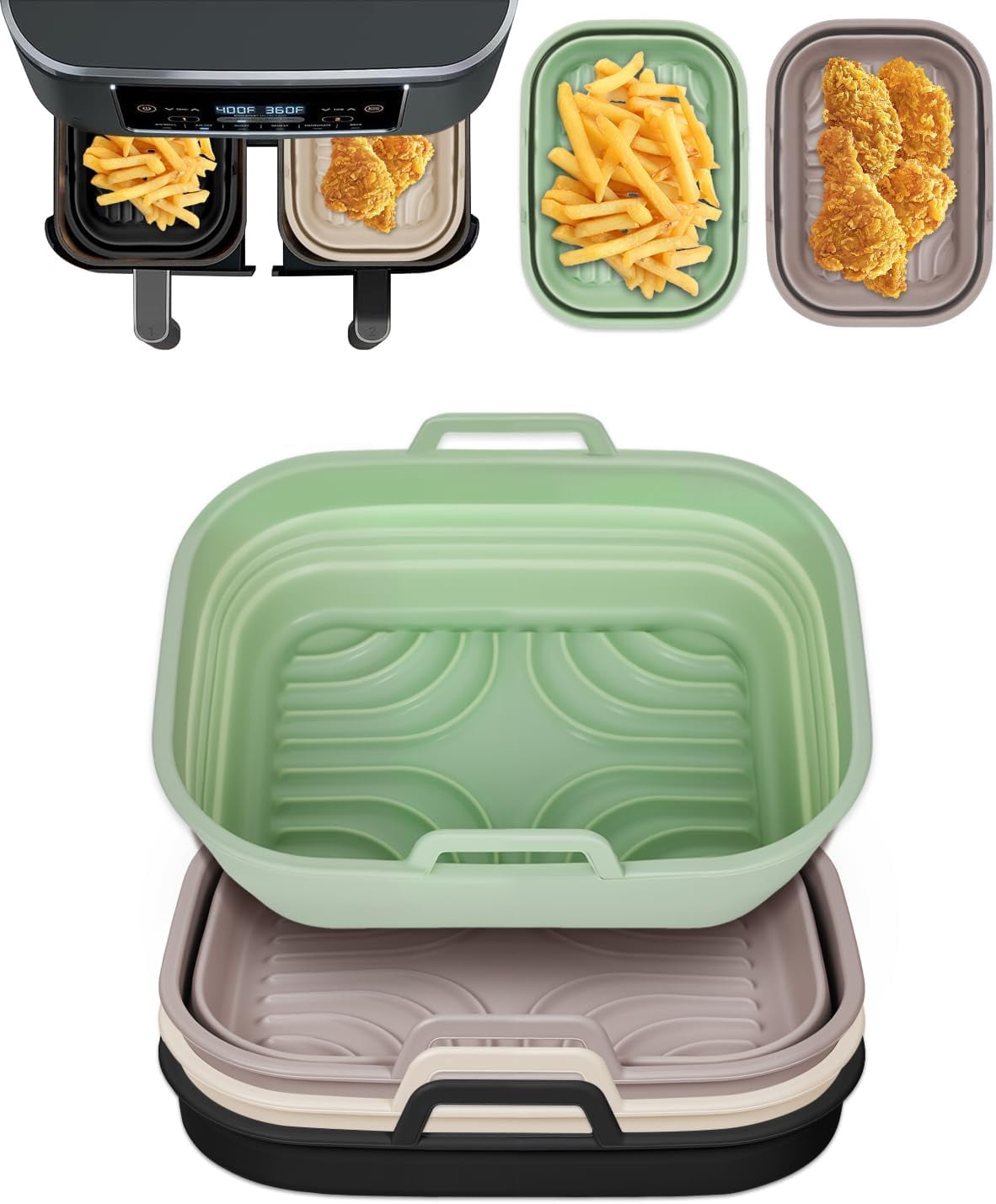 JJEAN-4-Pack Collapsible Air Fryer Silicone Liners for Ninja Foodi Dual Basket DZ201/DZ401/DZ550/DZ302, Reusable Airfryer Non-stick Rectangular Baking Basket Insert for Ninja 8QT-10QT Dualzone