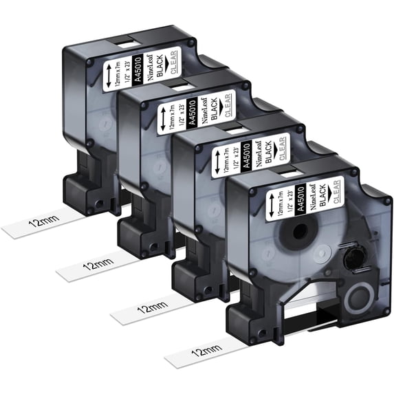 JJEAN-4 Pack Compatible for Dymo D1 45010 S0720500 Label Tape 12mm 1/2 Inch Black on Clear Refills Labeler for LabelManager 160 280 360D PNP LabelWriter 450 Duo ColorPop 3M Label Maker