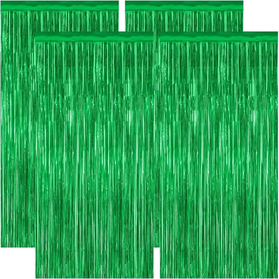 JJEAN-4 Pack Green Streamers, 3.28 FT x 7.05 FT Birthday Tinsel Backdrop, Metallic Foil Fringe Curtains Photo Booth Backdrop, Green Jungle Theme Decorations Birthday Decor