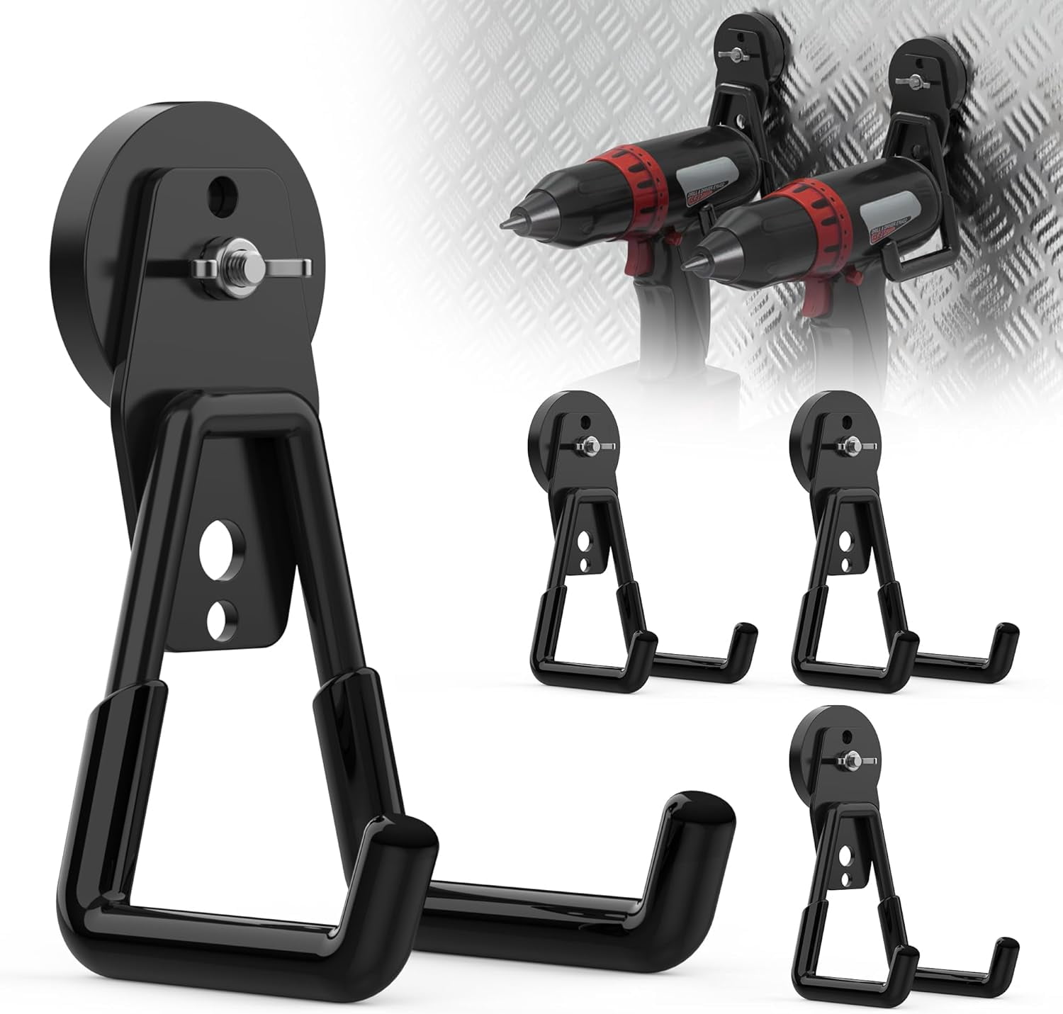 JJEAN-4 Pack Large Magnetic Hooks Heavy Duty, Strong Magnet Utility Hooks, Garage Storage Magnetic Hooks for Hanging Power Drills, Ladders, Hoses, Brooms & Outdoor Tools(Black)