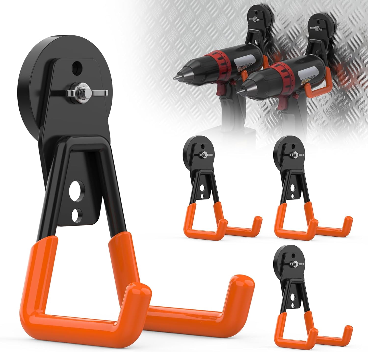 JJEAN-4 Pack Large Magnetic Hooks Heavy Duty, Strong Magnet Utility Hooks, Garage Storage Magnetic Hooks for Hanging Power Drills, Ladders, Hoses, Brooms & Outdoor Tools(Orange)