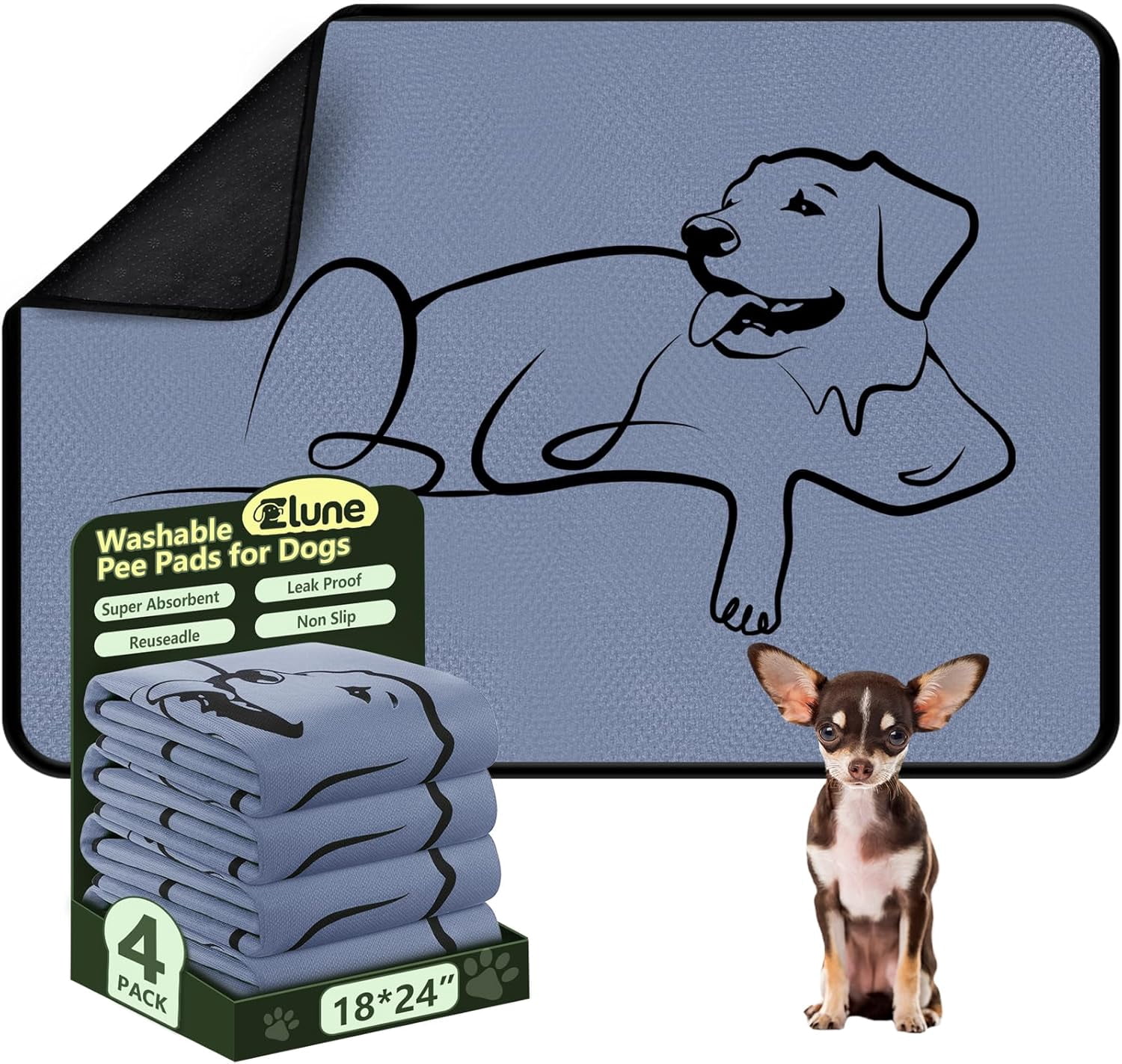 JJEAN-4 Pack Washable Pee Pads for Dogs 18"x24", Reusable Training Puppypads Absorbency Non-Slip & Leak-Proof for Pet Whelping Box Playpen Crate Sofa Bed Floors (Gray)