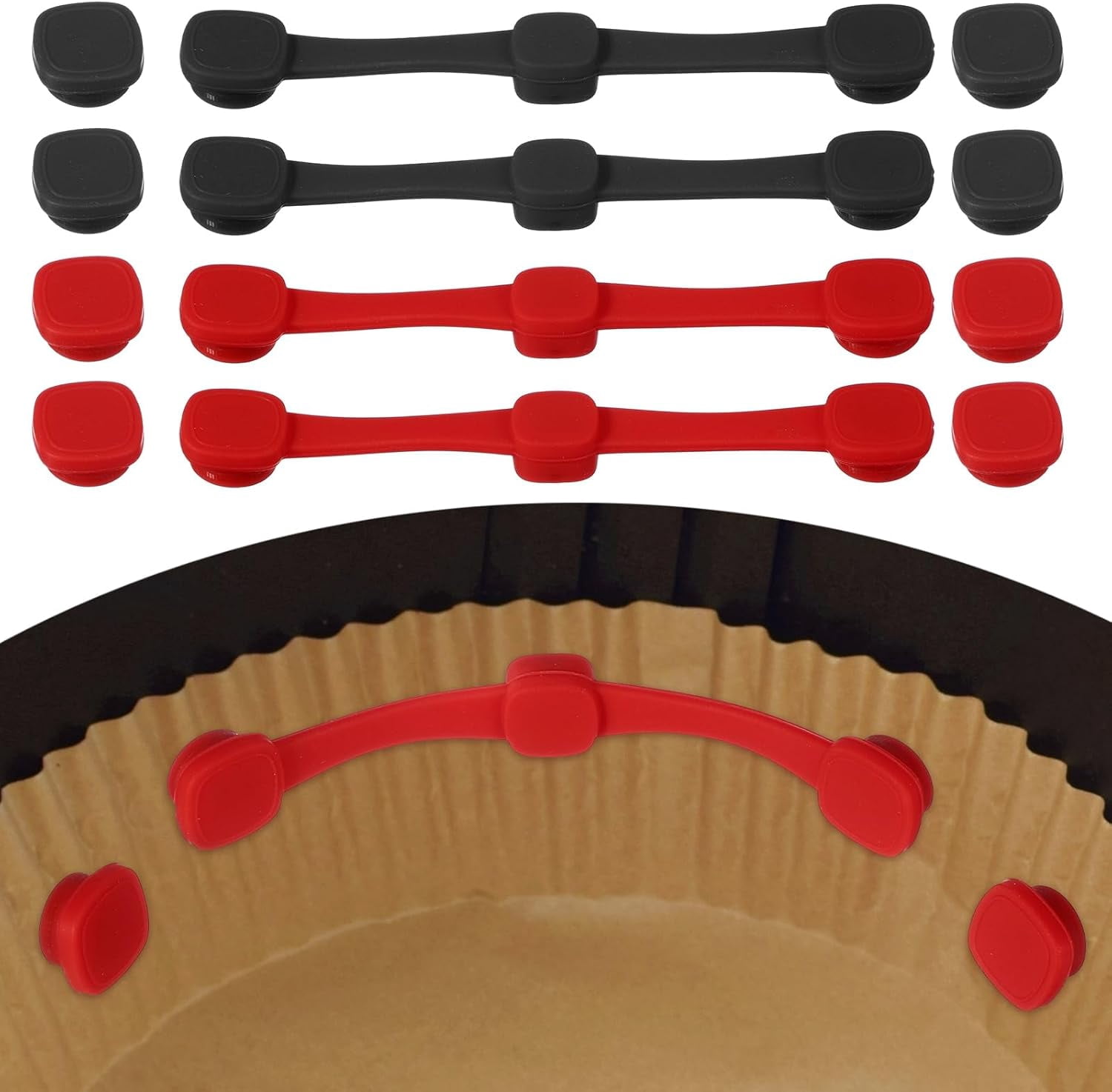 JJEAN-4 Set Air Fryer Magnets, Silicone Buckle for Parchment Paper Liners Square Magnetic Buckle for Lock Paper Prevent Paper Burning, Black/Red