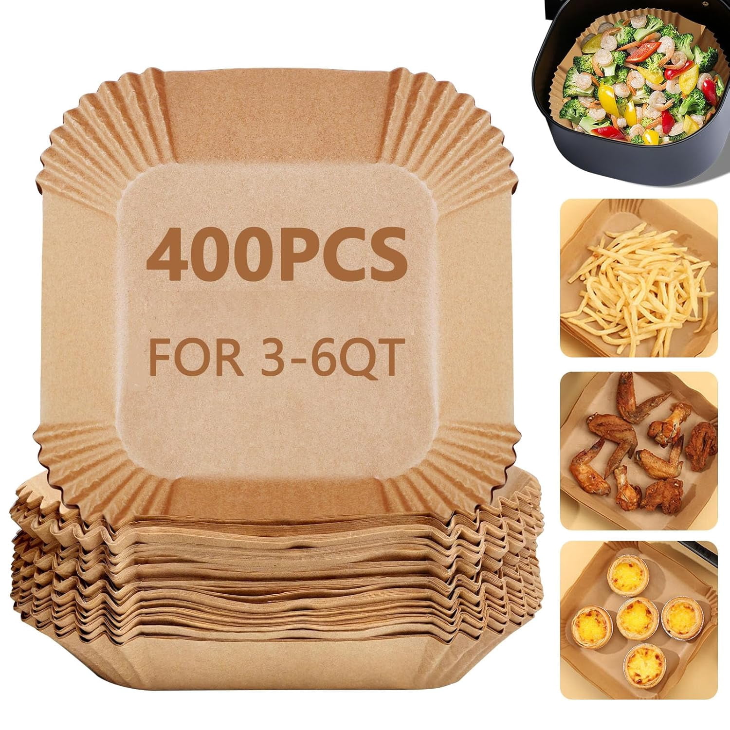 JJEAN-400 Pack 7.5 Inch Air Fryer Liners, Parchment Paper Sheets for Air Fryer Basket, Non-Stick, Disposable, Unbleached, Heat Resistant, Fits 3-6 QT Air Fryers. (Bottom size: 6in)