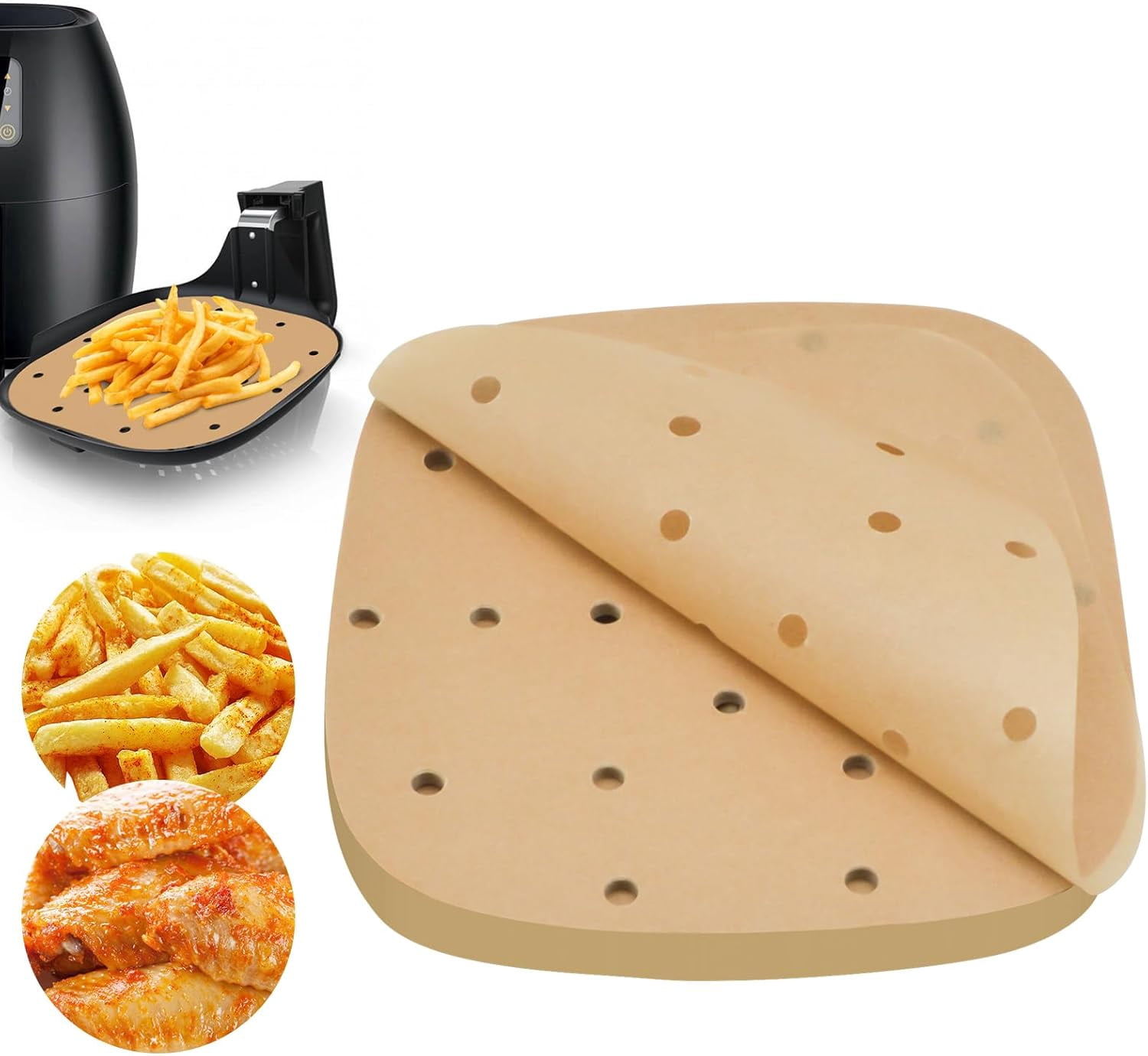JJEAN-400PCS 6.3 Inch Square Air Fryer Parchment Paper Liners Disposable, Unbleached, Perforated Steamer Liners for 2-5QT Basket Air Fryer, Microwave Oven, Frying Pan, Plate