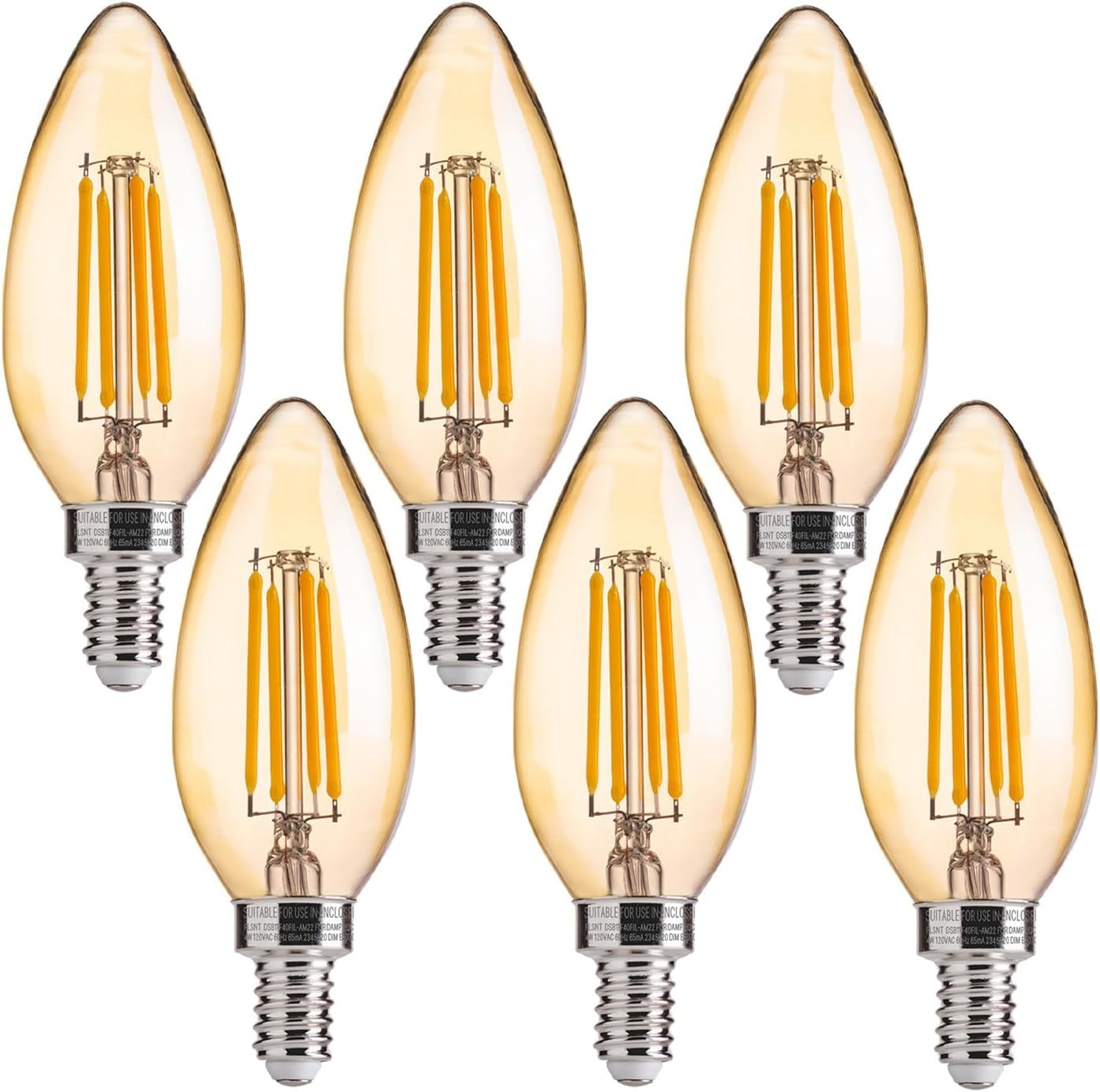 JJEAN-40W Equivalent LED Chandelier Light Bulbs, Dimmable Amber LED B11 E12 Candelabra Base Bulbs, 2200K Warm White, 330LM, 6 Pack UL,CA65 Listed.