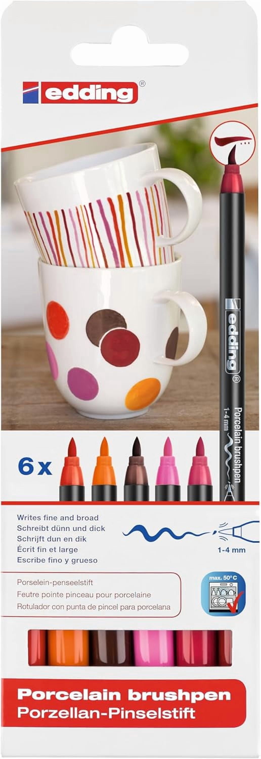 JJEAN-4200 porcelain brush pen - 3x red, orange, brown, pink - 6 pens - brush nib 1-4 mm - felt-nib pen for painting and decorating ceramics, porcelain - dishwasher-safe, lightfast ink, quick-drying