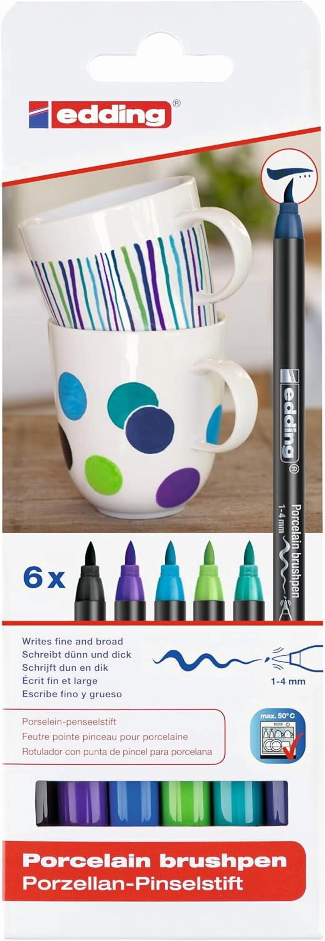 JJEAN-4200 porcelain brush pen - black, violet, 3x blue, green, - 6 pens - brush nib 1-4 mm - painting and decorating ceramics, porcelain - dishwasher-safe, lightfast ink, quick-drying - felt-nib pen