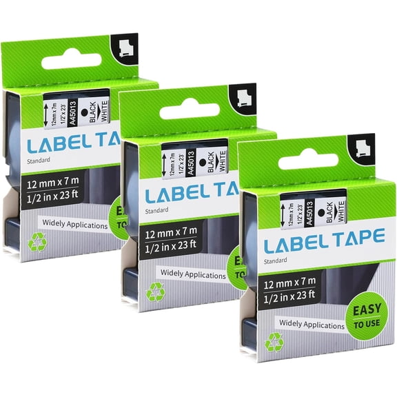 JJEAN-45013 Label Tape Replacement for Dymo D1 Labels 1/2-Inch x 23-Foot Roll Black Print on White Self-Adhesive Compatible with Dymo LabelManager 160 Label Maker, 3-Pack