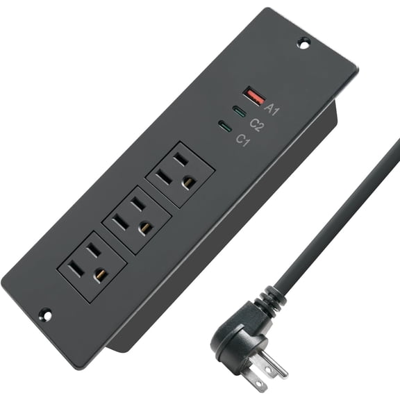 JJEAN-45W Recessed Power Strip USB C, Flush Mount Desk Extender 3 AC Outlets 2 PD USB-C&1 Fast Charge USB-A Ports,Flat Plug Extension Cord for Drawer Cabinet Countertop Table Conference Black