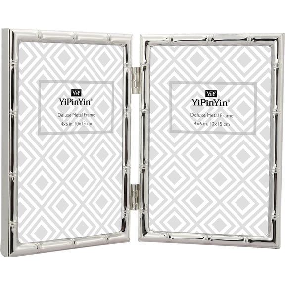 JJEAN-4x6'' Bamboo Detail Double Photo Frames,Silver 6x4'' Double Metal Picture Frames,Elegant Silver Plated Photo Frames 4 x 6'' With Soft Touch Velvet Backing and Real Glass for Desktop and Shelf D